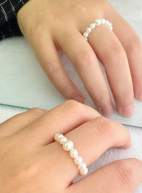 极光粉珠光AK淡水珍珠戒指近正圆几乎无暇日常时尚个性食指中指戒