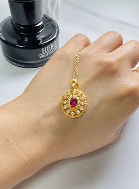 新款925银意大利工艺宫廷风培育鸽血红宝石项链吊坠女