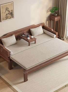 新中式实木沙床一体两厅用大小YNA户型客胡桃木推拉折叠伸发罗汉