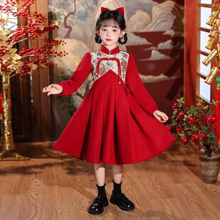 女童旗袍2025新款秋冬长袖连衣裙儿童新中式国风唐装女孩红色裙子