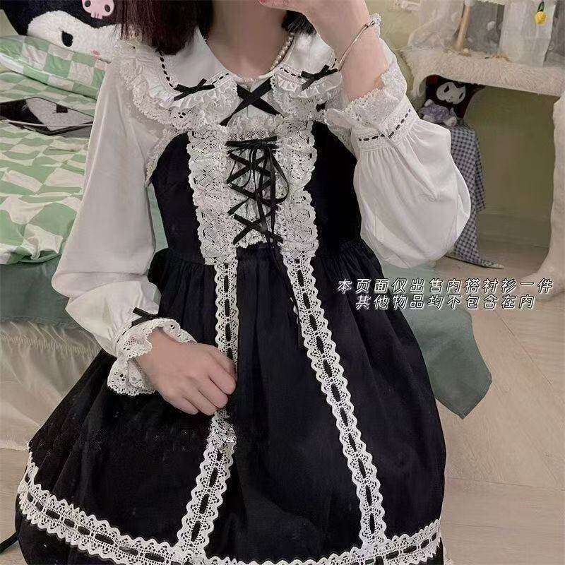 可爱少女萌衬衣lolita古早昭和蛋糕三层裙摆背带裙衬衫洛丽塔内搭