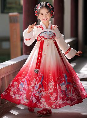 清仓微瑕古风儿童汉季加绒超仙唐装套装中国风女孩冬款古装连衣裙