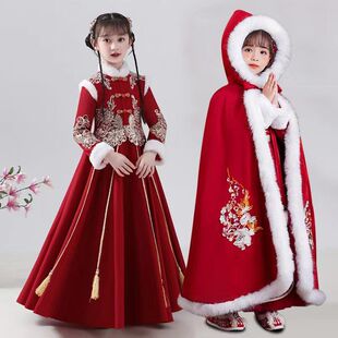 汉服女童秋冬加绒加厚中国风古装儿童喜庆过年衣服女孩拜年服冬季