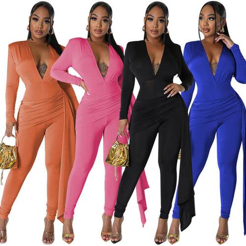 Deep V Long Sleeve Bodycon Jumpsuit Elegant Plain Design