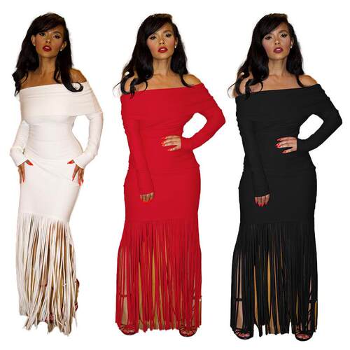 Off Shoulder Fringe Trim Bodycon Dress Elegant Fashion Long