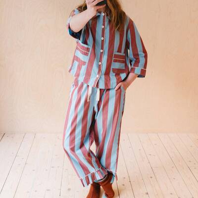 Women's Matching Pajamas Stripe Print 3/4 Sleeve Doll Collar