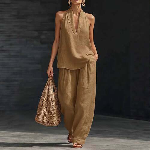 Women's 2-Piece Set  Solid Color Halter V-Neck Sleeveless