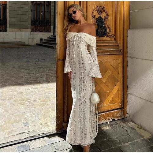 Women's Plain Contrast Lace Off Shoulder Dress  Elegant