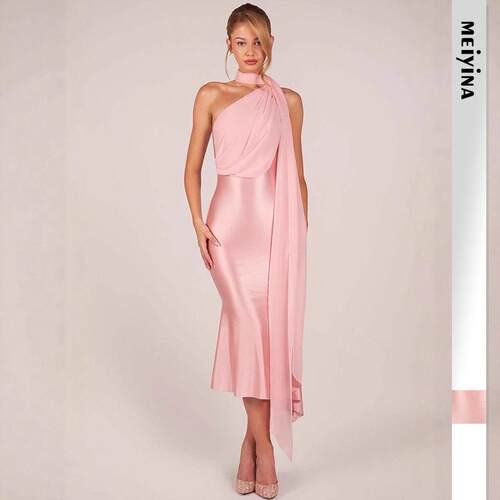 2026 Trendy Halter Neck Satin Dress  High Elastic Slim