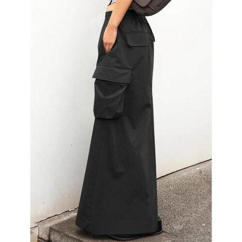 Plain Pocket Cargo Skirt Casual Elastic High Waist A Line