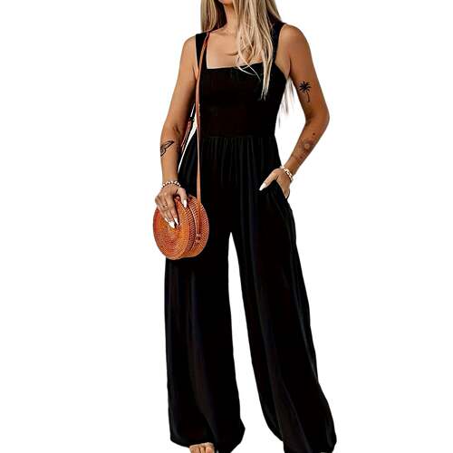 Women's Smocked Sveless Wide Leg Jumpsuit with Pockets