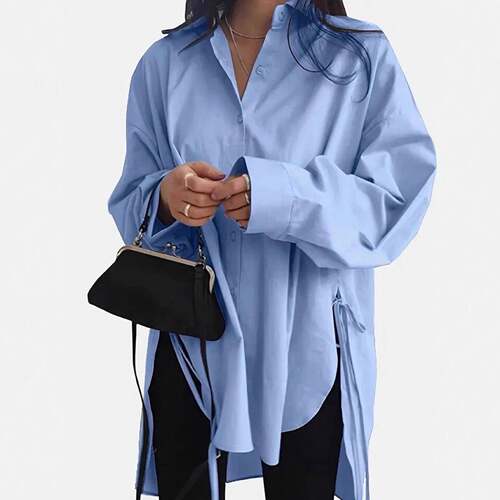 Plain Drawstring High Low Hem Button Front Shirt Blouse