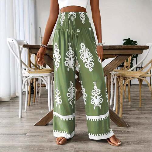 Women's Ethnic Pattern Shirred Tie Front Wide Leg Pants