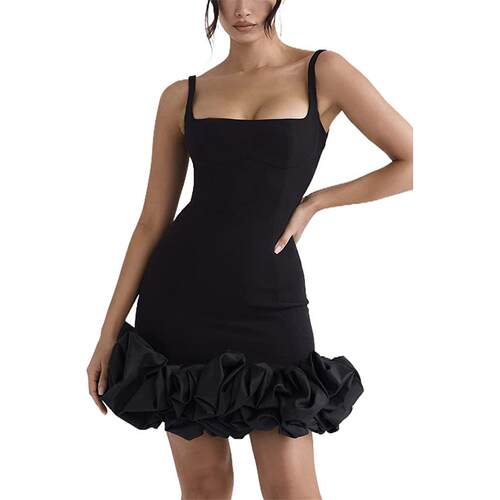 Women Spaghetti Strap Bodycon Dress Solid Color Pleated