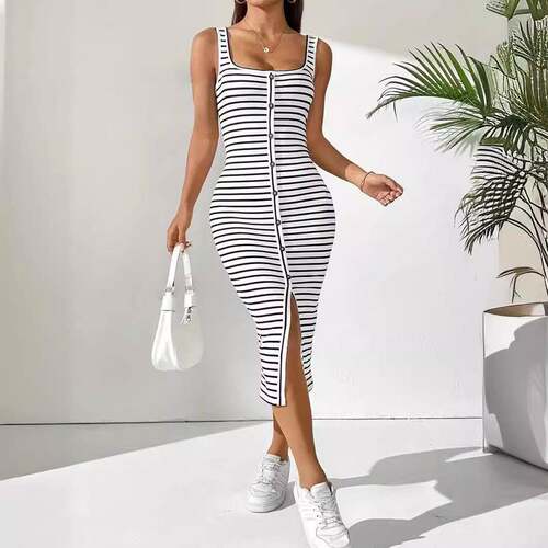 Women's Striped Button Front Sleeveless Dress  Casual