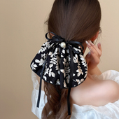 轻奢叶片印花黑色缎面蝴蝶结发圈高级感国风水墨复古丝带舞裙头花