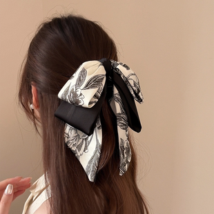 新款国风水墨印花缎面蝴蝶结马尾夹古风半扎抓夹高颜值新中式发夹
