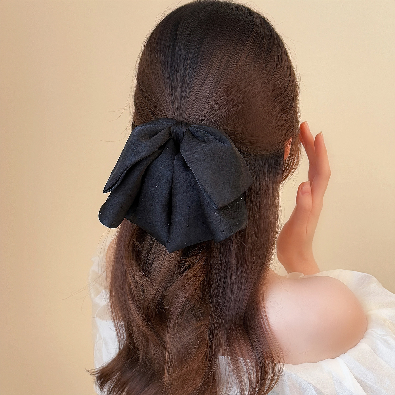 精致黑色碎钻缎面蝴蝶结马尾夹