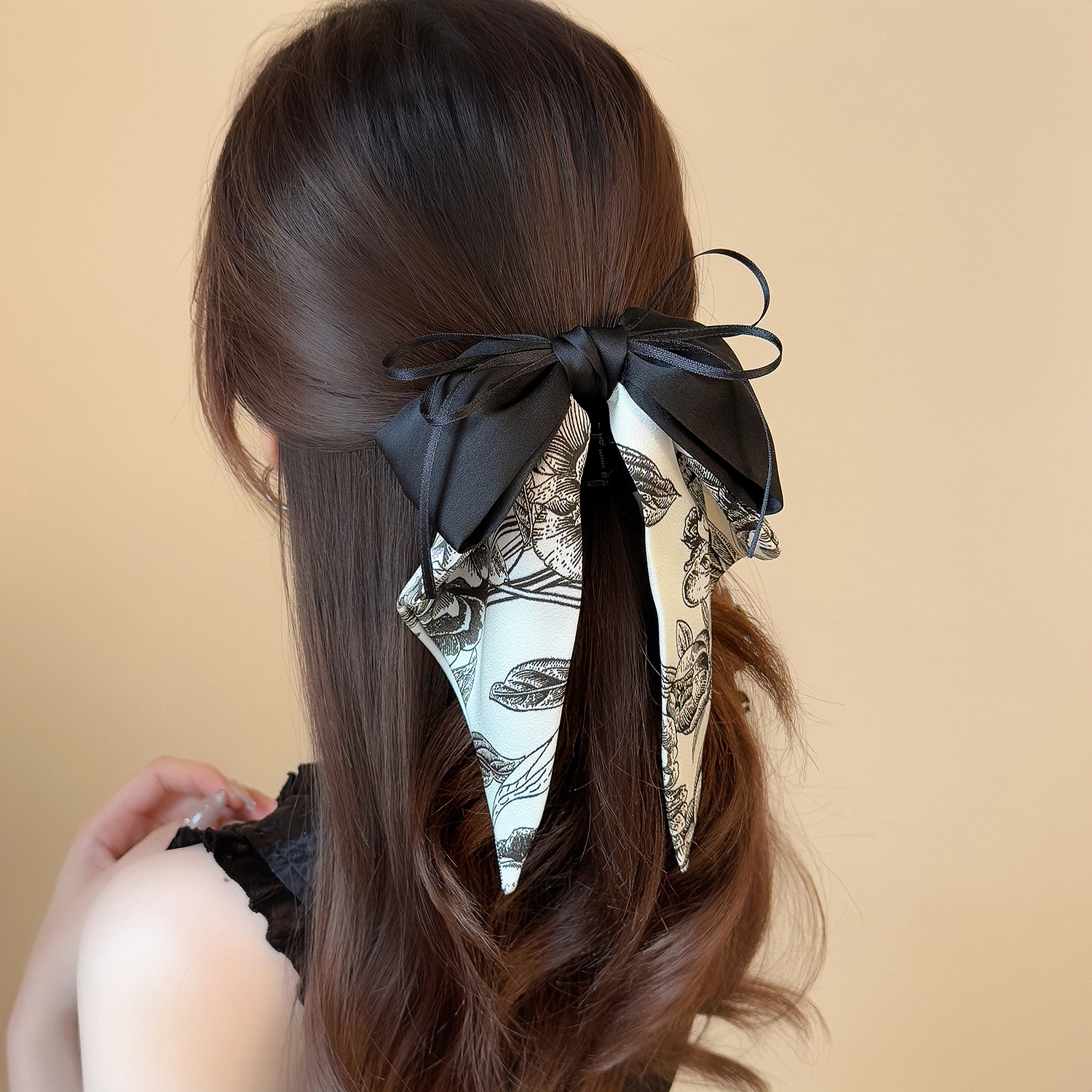 国潮水墨飘带蝴蝶结马尾夹