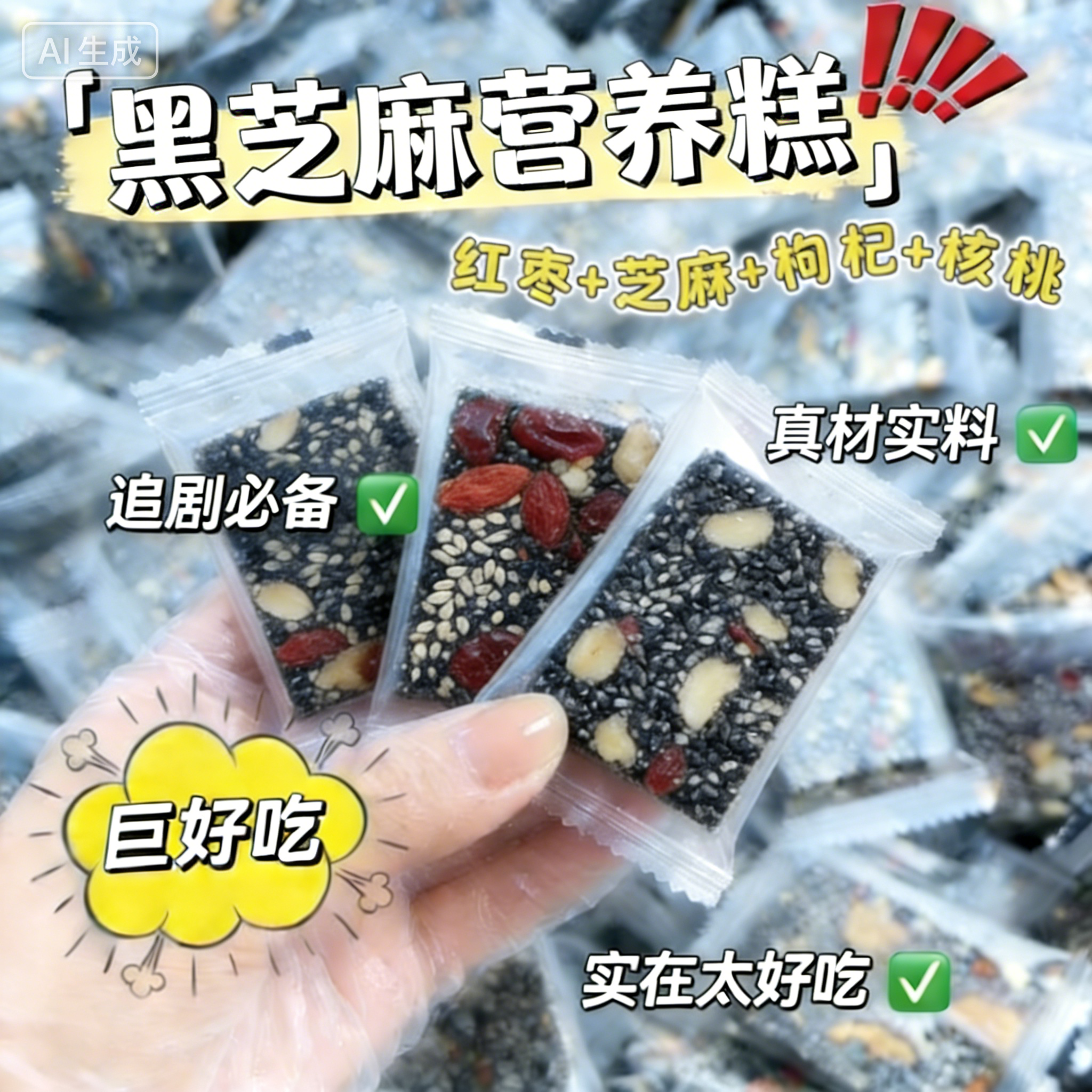 黑芝麻核桃红枣枸杞糕独立包装纯手工芝麻软糕无蔗糖健康中式糕点