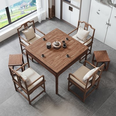 老榆木新中式纯实木餐桌椅小户型四方桌子原木八仙桌打牌掼蛋桌