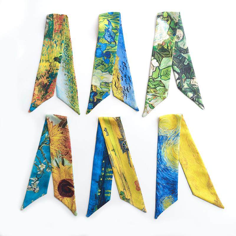 原创梵高油画短款mini手腕带绑包包手柄丝巾飘带手提包带装饰发带