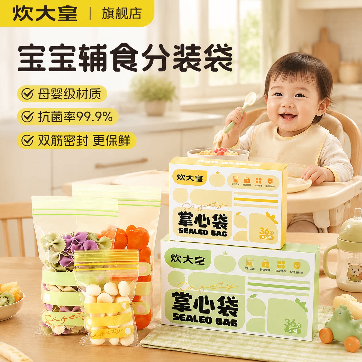 炊大皇宝宝辅食分装袋食品级婴儿零食保鲜密封袋家用抗菌双筋小号