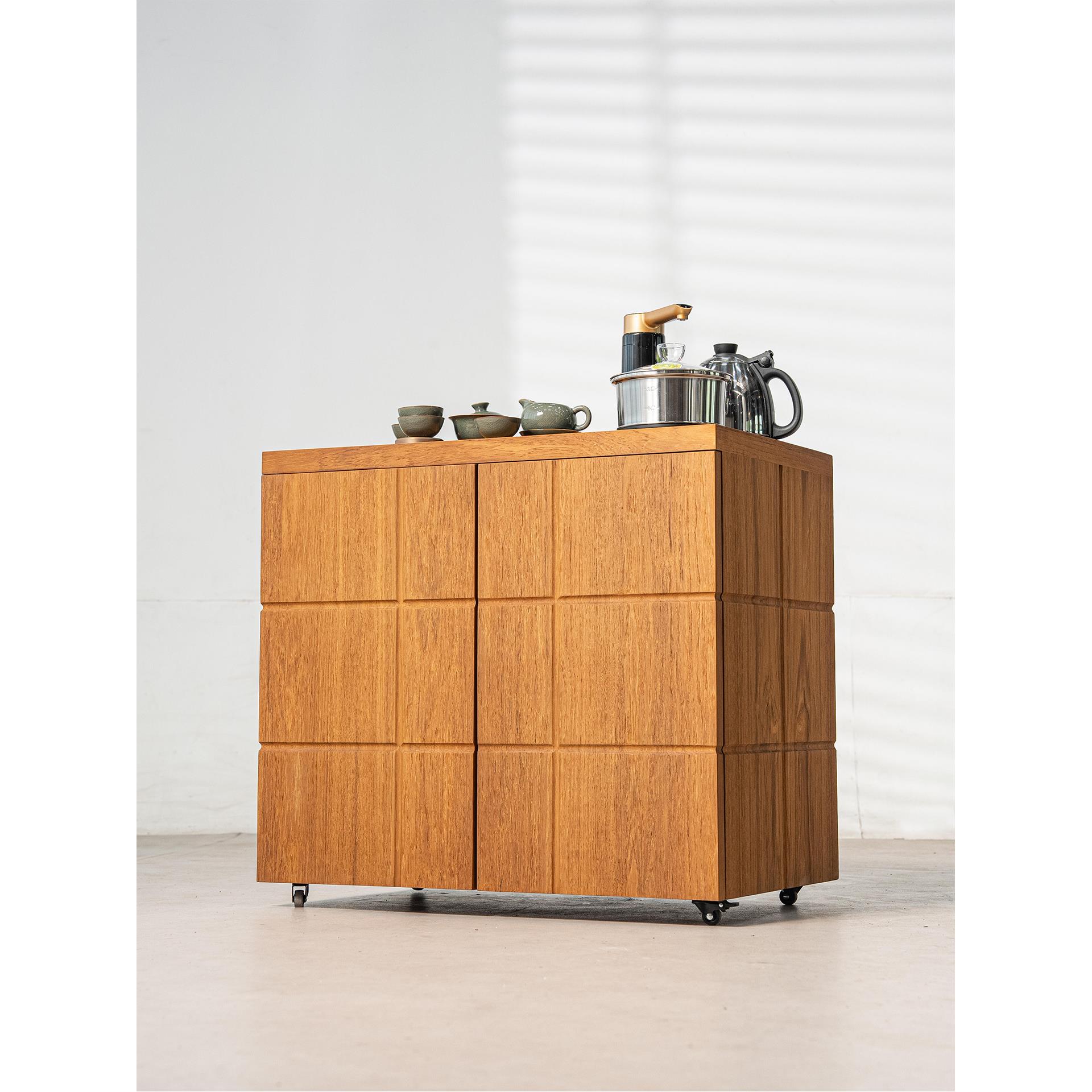 缅甸柚木新中式茶水柜全实木榫卯工艺大容量储物静音万向轮设计