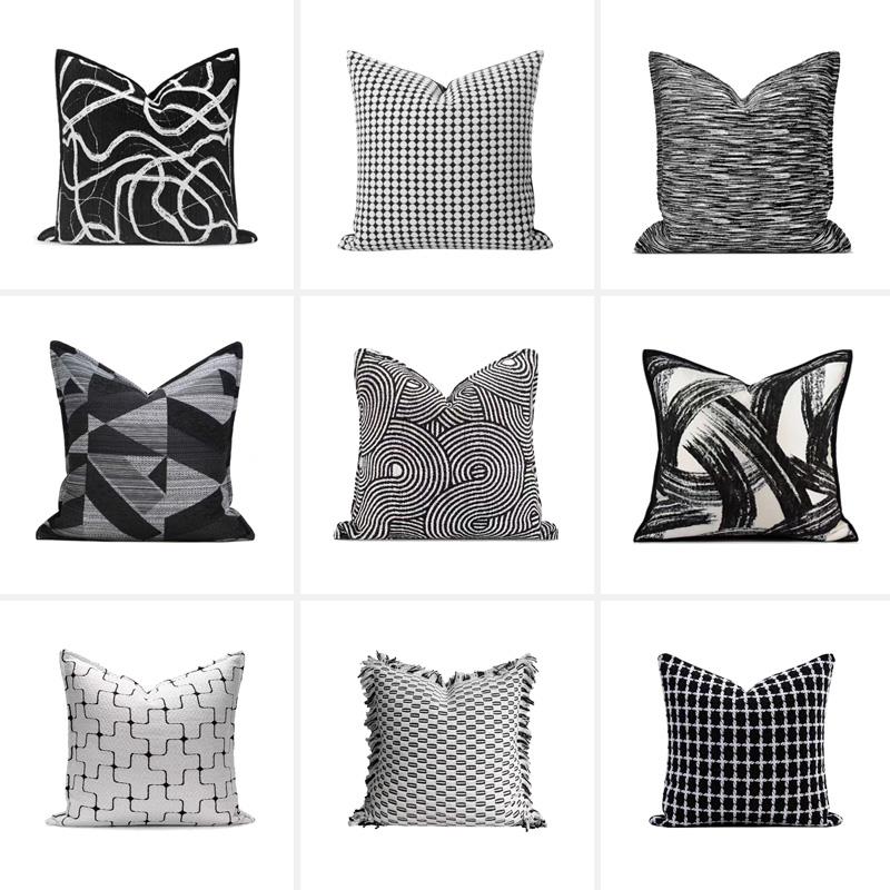 现代简约黑白色抱枕客厅沙发靠枕轻奢高级感靠垫线条方枕套特价
