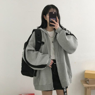 秋冬韩版ins加绒加厚卫衣女学生原宿bf风薄款宽松连帽拉链外套潮