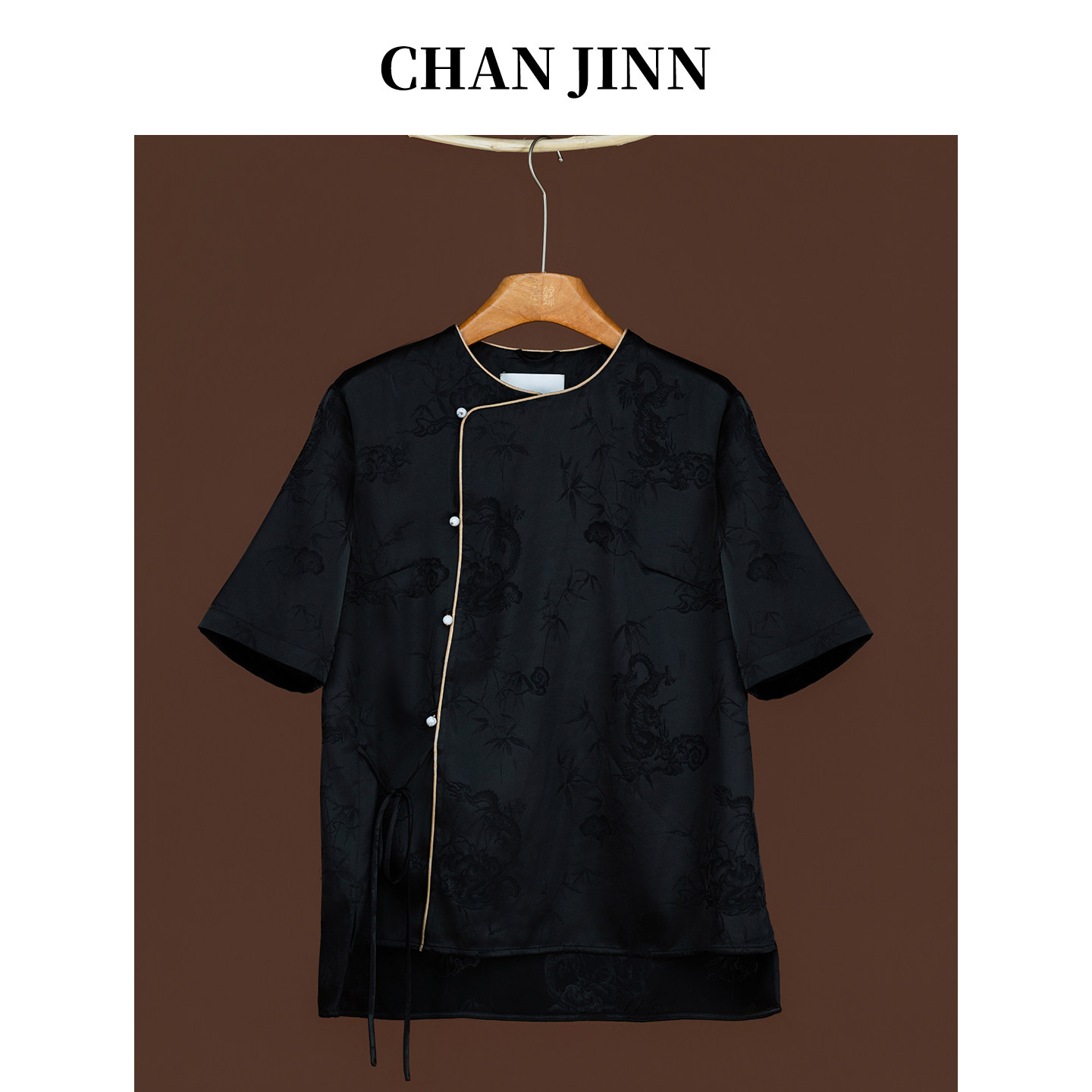 CHAN JINN/全锦新中式印花衬衫女夏季新款宽松显瘦短袖女上衣抽绳