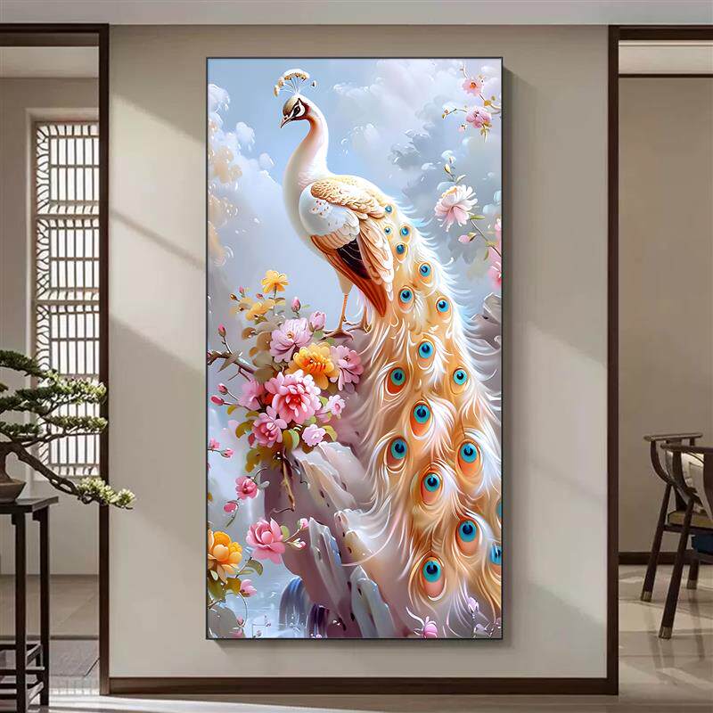 孔雀玄关入户门装饰画走廊过道led灯轻奢挂画高级感2026客厅壁画