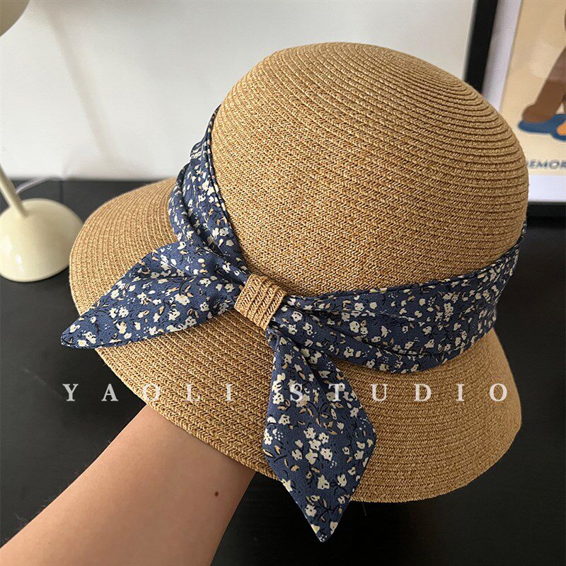 YAOLI~田园碎花蝴蝶结草帽子女夏天海边度假出游防晒遮阳渔夫帽