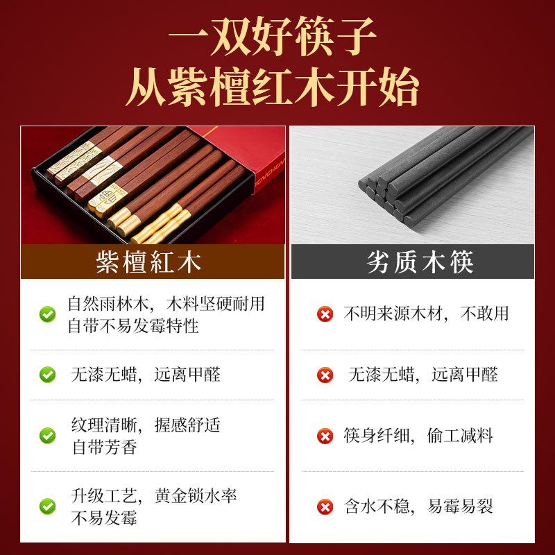 小叶紫檀红木筷子家用高档抗菌防霉2026新款专人专用新年红色高端