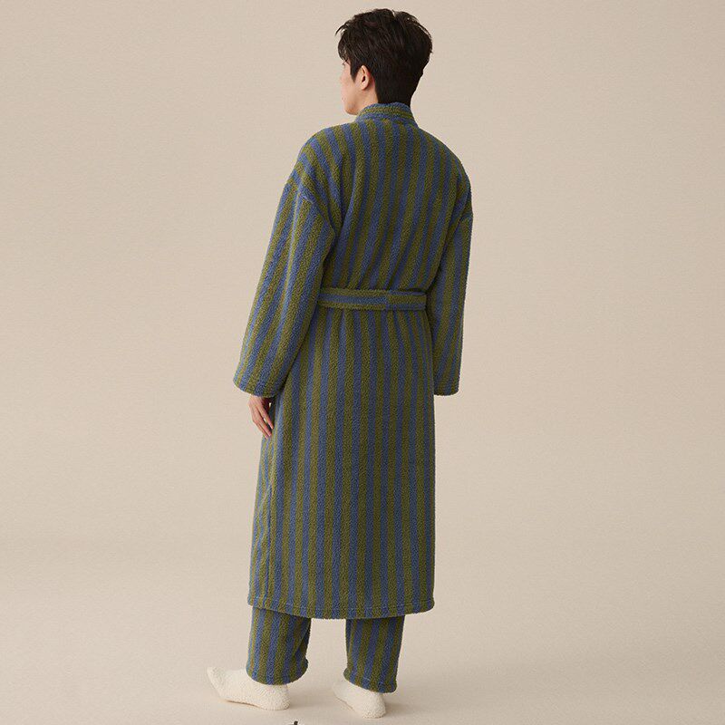 冬季加厚珊瑚绒情侣加长款睡袍裤子睡衣套装秋冬天竖条纹男女浴袍