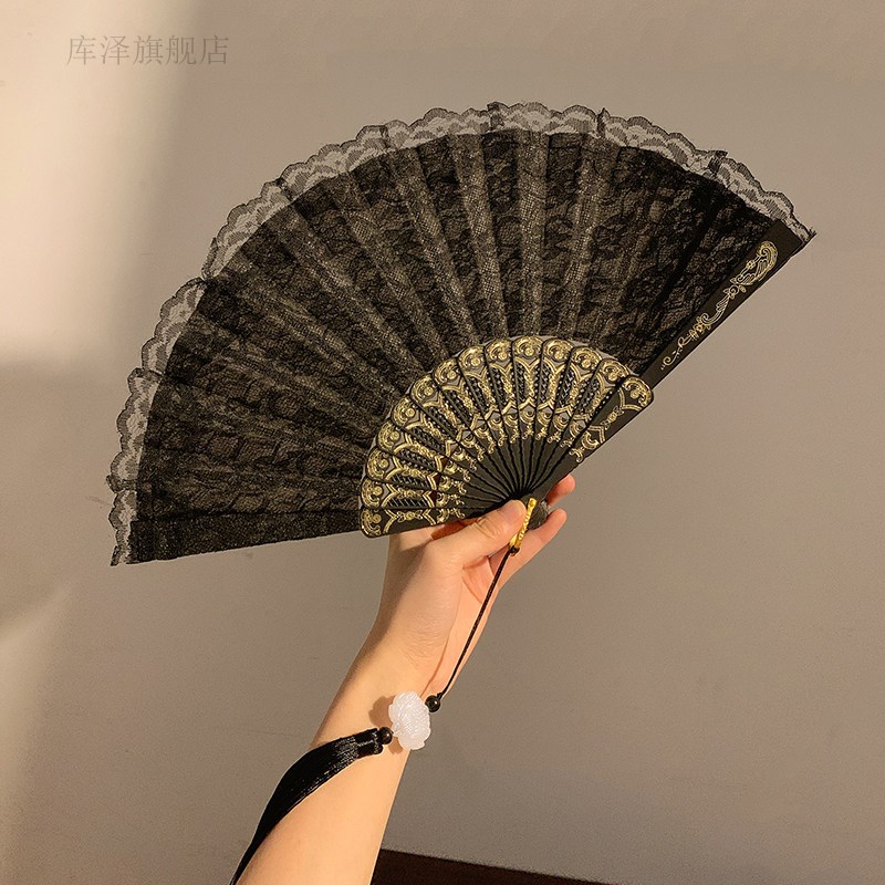 复古黑色蕾丝折扇洛丽塔旗袍扇子新中式流苏古风拍照道具中华娘