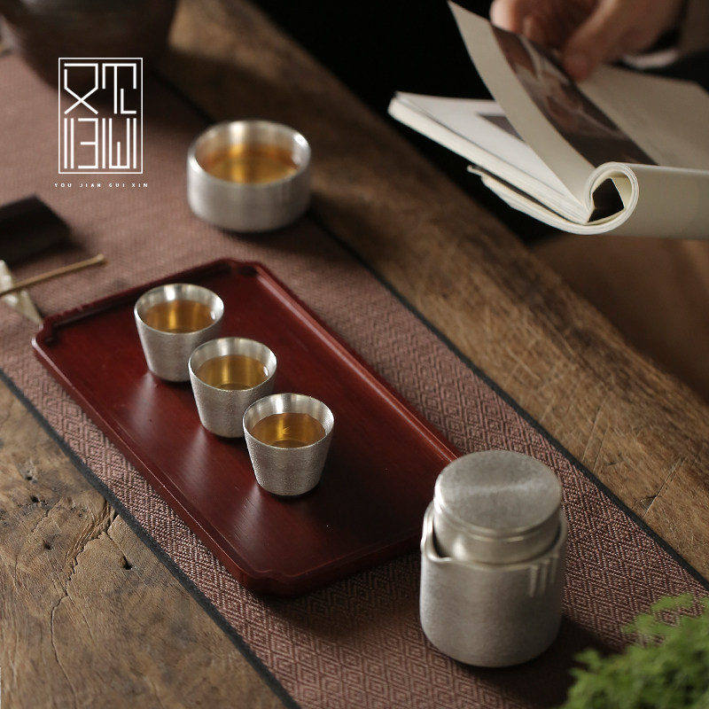 银涧快客杯纯银包瓷 旅行茶具套装 手工鎏银一壶两杯简约便携办公