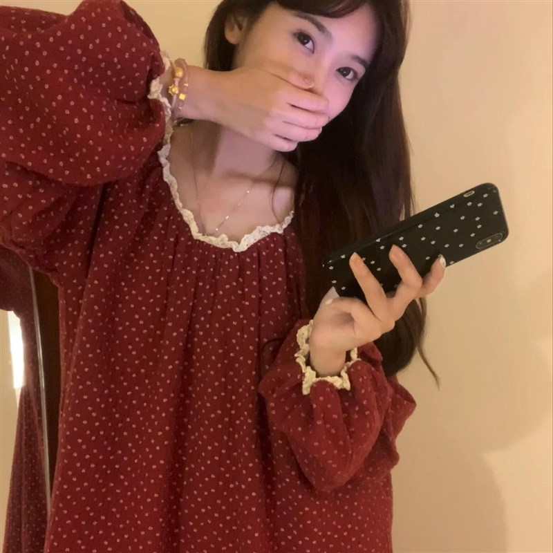 甜美碎花棉纱女士睡衣春秋季新款双层纱布大码睡裙家居服连衣裙子