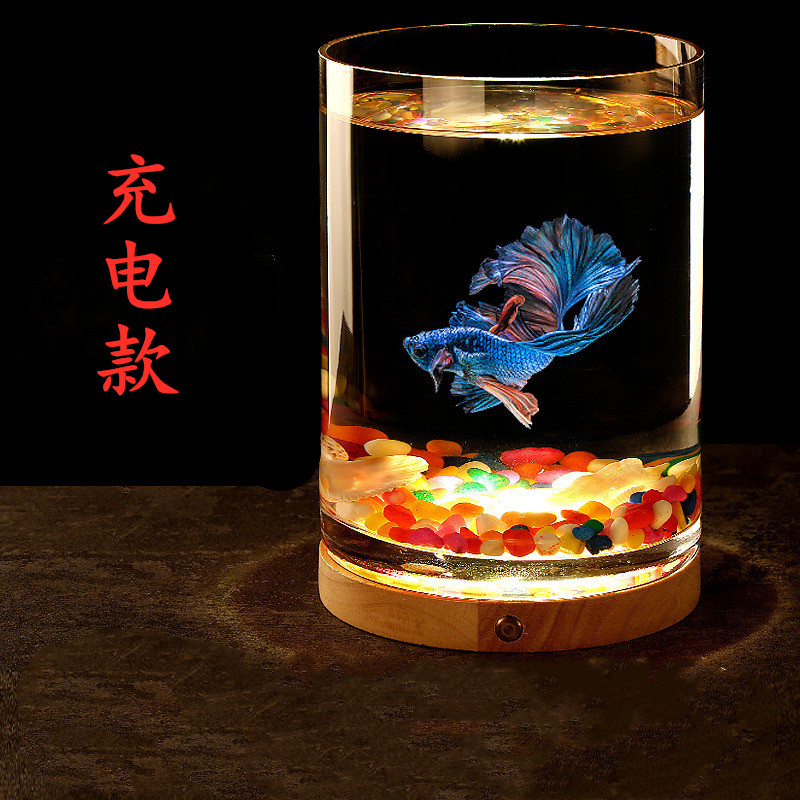 超白加厚孔雀玻璃鱼缸桌面圆形小型创意雪山斗金鱼缸夜灯迷你摆件