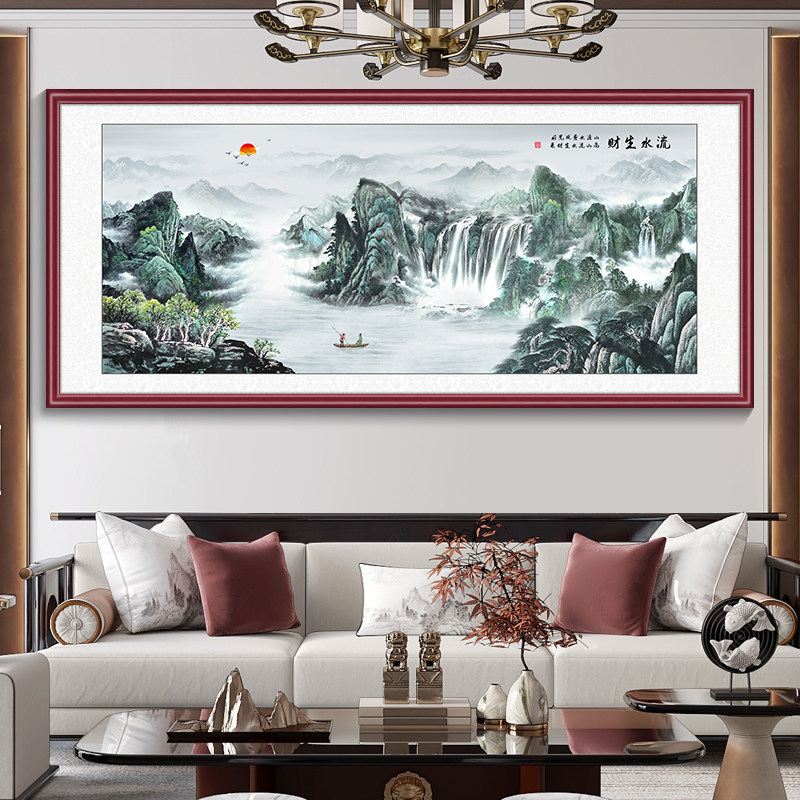 鸿运当头国画新中式客厅装饰画沙发背景墙山水画办公室聚宝盘壁画