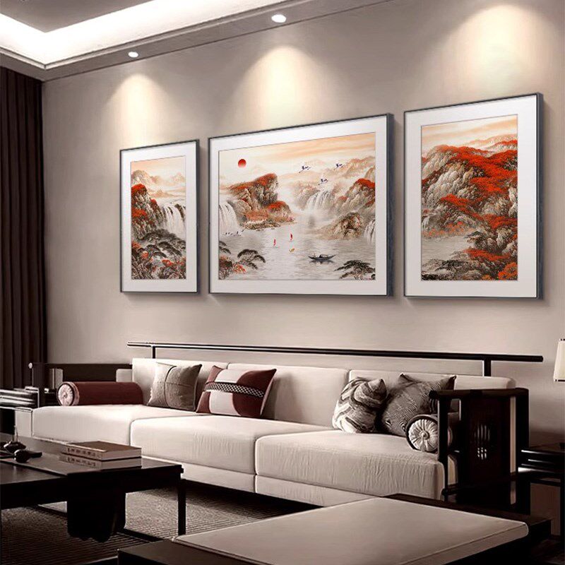 山水画新中式客厅三联装饰画靠山图沙发背景墙茶室挂画2024新款画