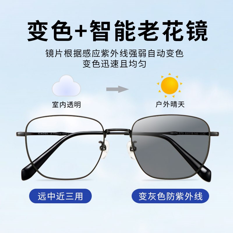 变色纯钛老花镜远近三用智能变焦自动感光调节度数老光太阳眼镜男
