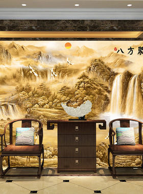 18D浮雕中式山水画风景办公室墙纸32d壁画客厅电视背景墙壁纸墙布