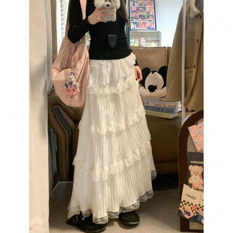 女白色加厚丝绒蛋糕裙半身裙女春冬温柔风蕾丝半裙小个子字裙长裙
