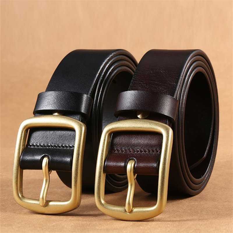 皮带男牛仔裤男式腰带真牛皮铜扣年轻人潮流棕色手工带眼打孔