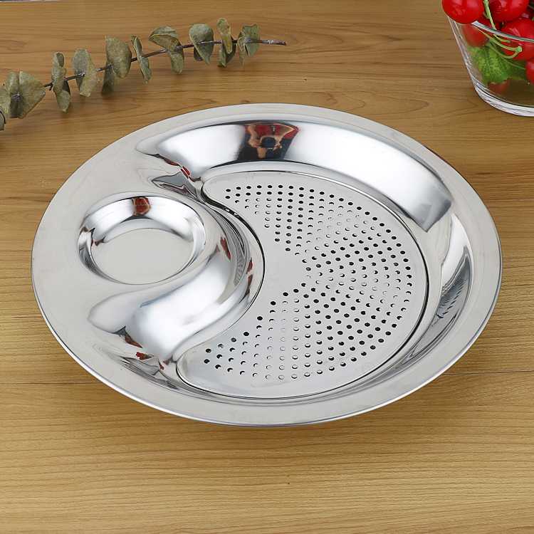 加厚不锈钢饺子盘 家用盘子带醋碟双层沥水水饺蒸盘水果托盘菜榕