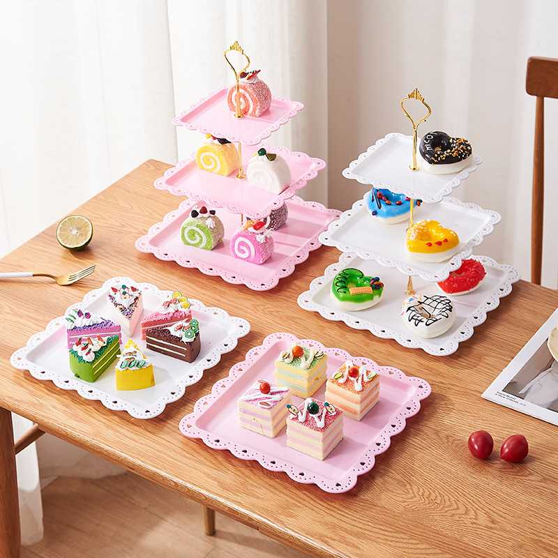 欧式三层水果盘轻奢糕点盘生日趴婚礼蛋糕架塑料方形干果盘点心架