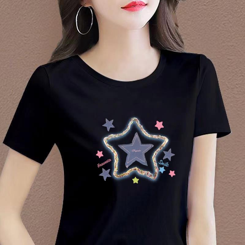 正肩100%纯棉短袖t恤女2025夏季新款韩版宽松圆领百搭印花上衣服