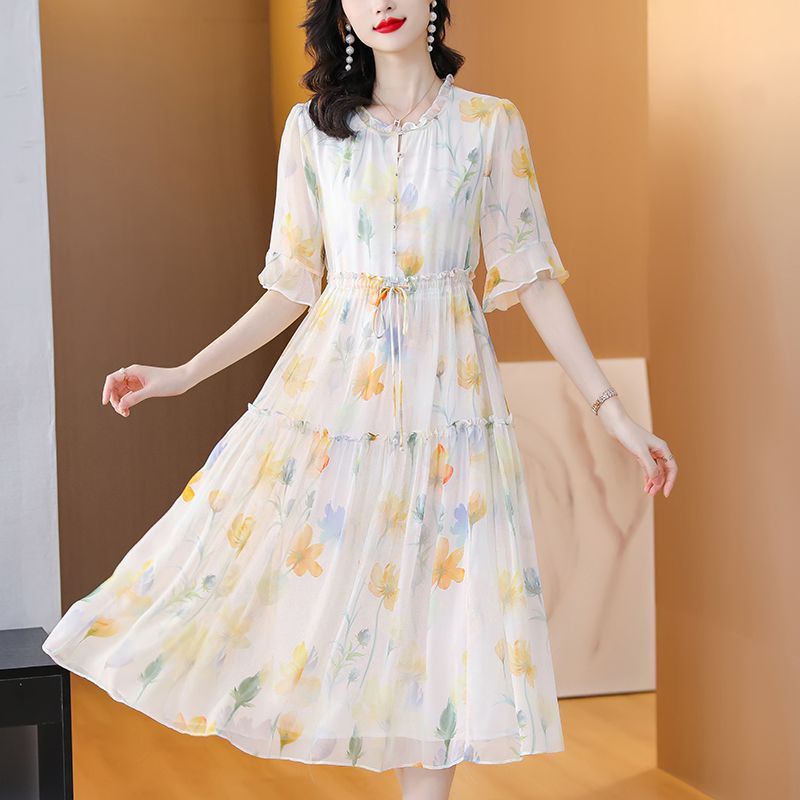 夏季新款2025雪纺连衣裙时尚木耳边圆领气质宽松显瘦百搭印花裙子