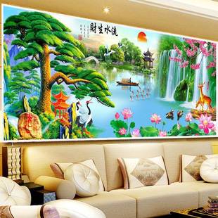 线迎绣风pfGJf7rC新景手工十字绣2生025款 客厅刺绣山水画流水财客